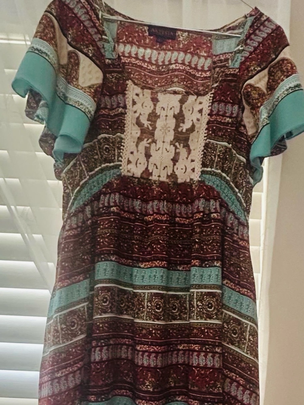 Bohemian Printed Flutter-Sleeve Midi Dress in Teal and Burgundy